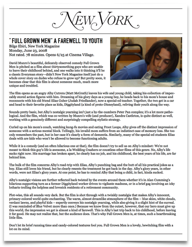 New York Magazine review of David Munro's award-winning independent feature film Full Grown Men