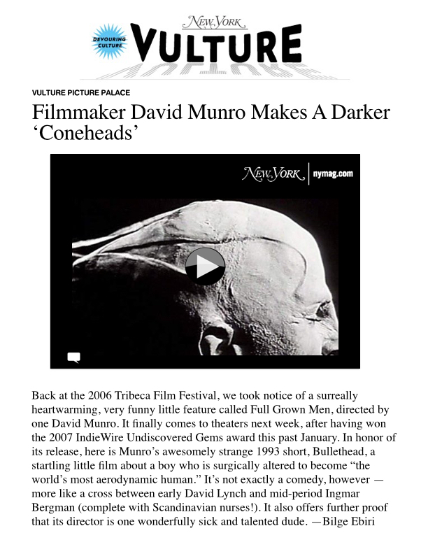 New York Magazine/Vulture review of David Munro's award-winning short film Bullethead