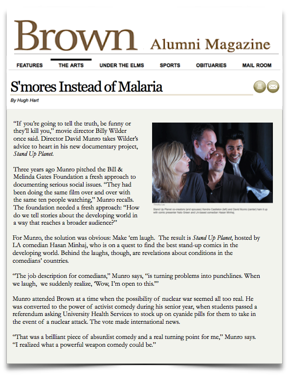 Brown Alumni Magazine reviews David Munro's television documentary Stand Up Planet sponsored by The Bill and Melinda Gates Foundation