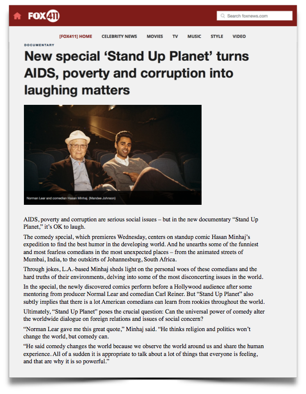 Fox News Online reviews David Munro's television documentary Stand Up Planet sponsored by The Bill and Melinda Gates Foundation