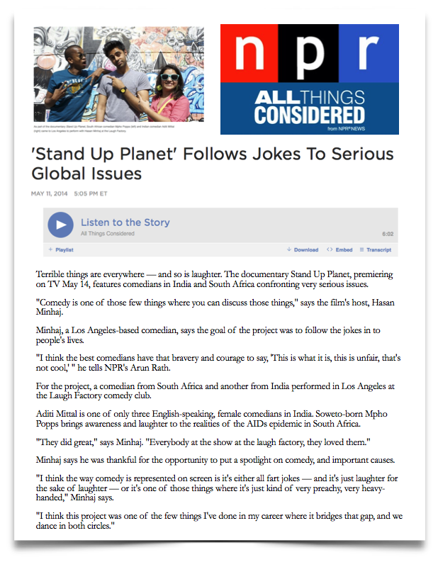 NPR's All Things Considered reviews David Munro's television documentary Stand Up Planet sponsored by The Bill and Melinda Gates Foundation